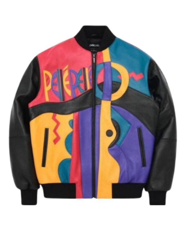 Men's Premium Multi-Color Leather Bomber Jacket – Midnight Black and Vibrant Abstract Geometric Picasso-Style Urban Streetwear Jacket