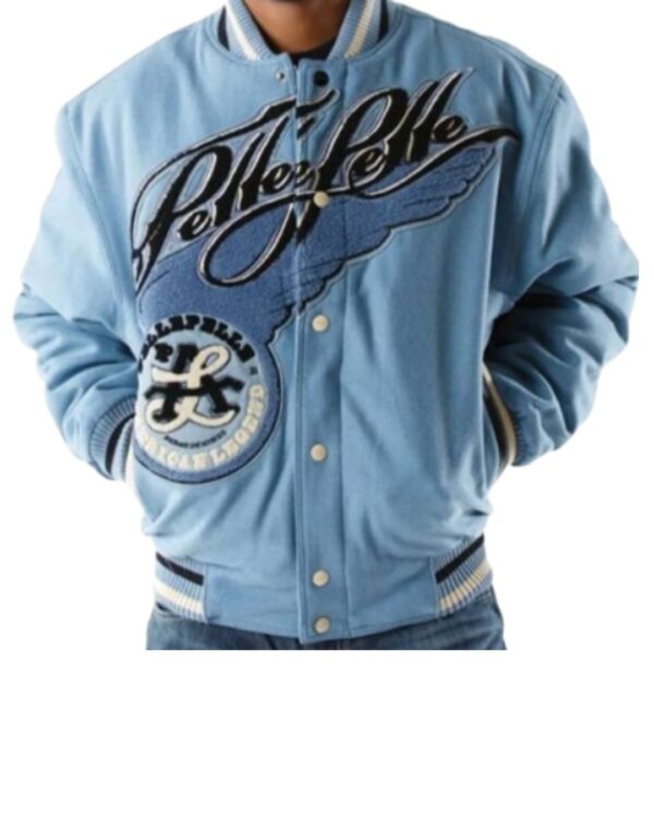 Men's Premium Powder Blue Varsity Jacket – American Legend Vintage Streetwear Bomber Jacket with Textured Winged Script Art