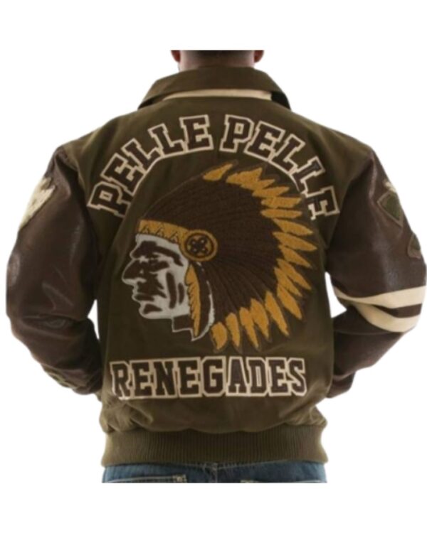 Men's Premium Olive Green and Brown Varsity Leather Jacket – Renegades Vintage Streetwear Bomber Jacket with Textured Headdress Patch Art