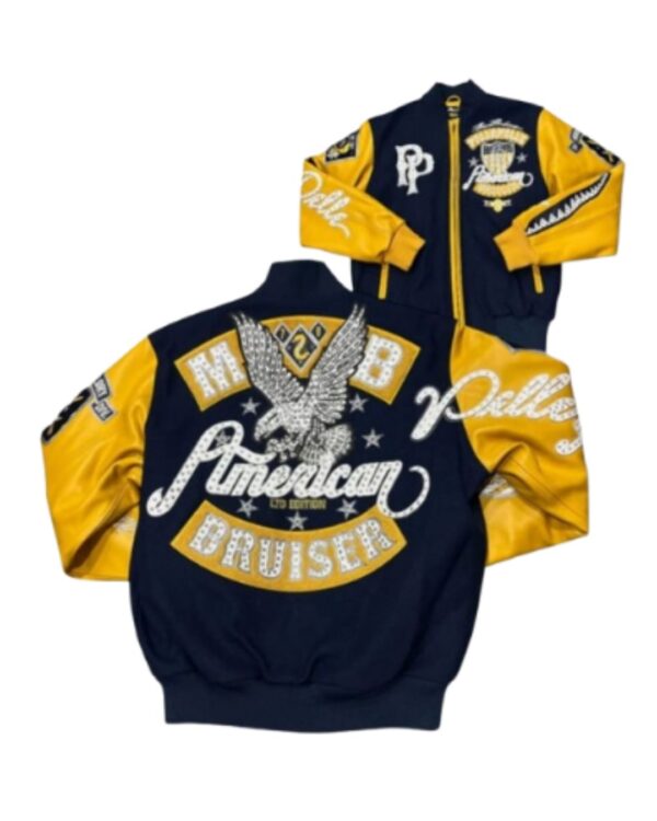 Men's Premium Multi-Color Varsity Leather Jacket – Navy Blue and Yellow American Bruiser Bomber Jacket with Heavy Studded Eagle Art