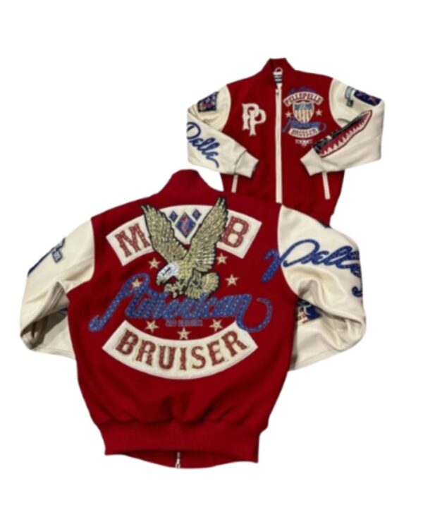 Men's Premium Multi-Color Varsity Leather Jacket – Crimson Red and Cream American Bruiser Bomber Jacket with Heavy Studded Eagle Art