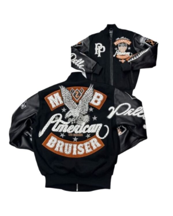Men's Premium Multi-Color Varsity Leather Jacket – Midnight Black and Earthy Brown American Bruiser Bomber Jacket with Heavy Studded Eagle Art