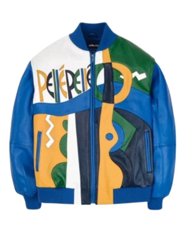 Men's Premium Multi-Color Leather Bomber Jacket – Royal Blue and Vibrant Abstract Geometric Picasso-Style Urban Streetwear Jacket