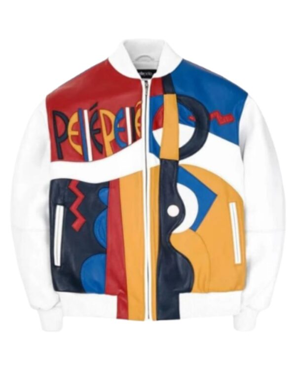 Men's Premium Multi-Color Leather Bomber Jacket – Crisp White and Primary Color Abstract Geometric Urban Streetwear Jacket