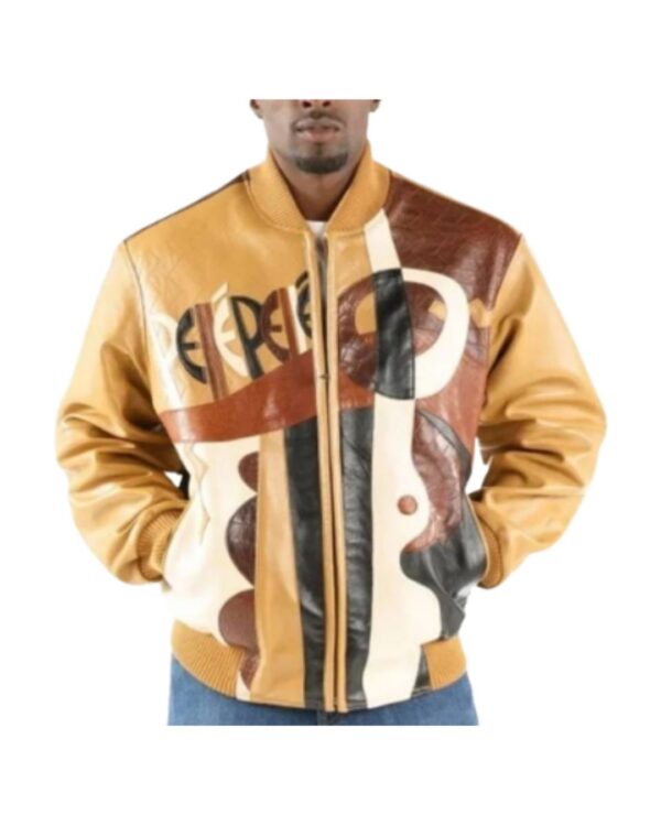 Men's Premium Multi-Color Leather Bomber Jacket – Tan, Brown, and Black Abstract Picasso-Style Geometric Urban Streetwear Jacket