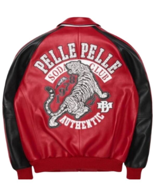 Men's Premium Multi-Color Leather Bomber Jacket – Red and Black Streetwear Varsity Jacket with Heavy Embroidered Tiger Club Crest