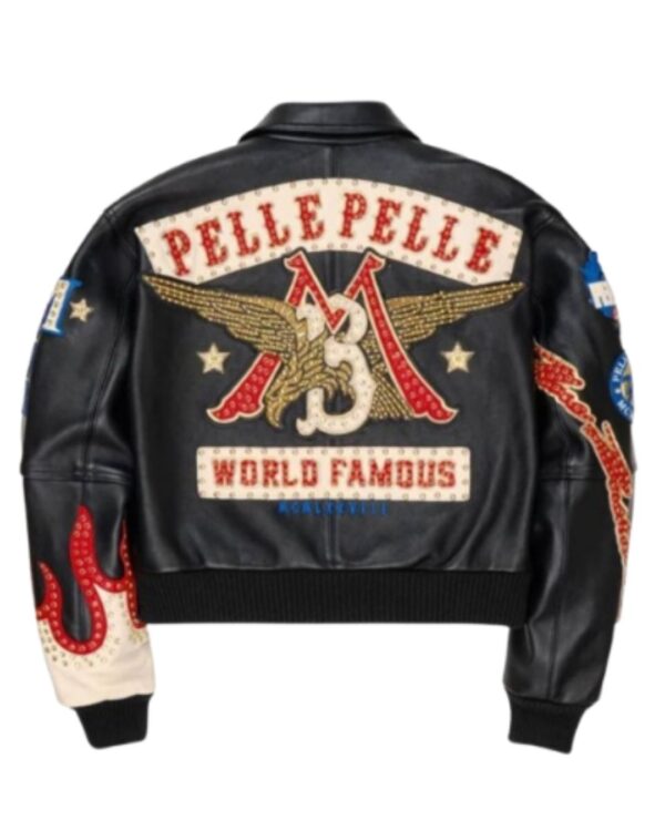Men's Premium Black Leather Bomber Jacket – World Famous Winged Emblem Streetwear Jacket with Red and Cream Accents