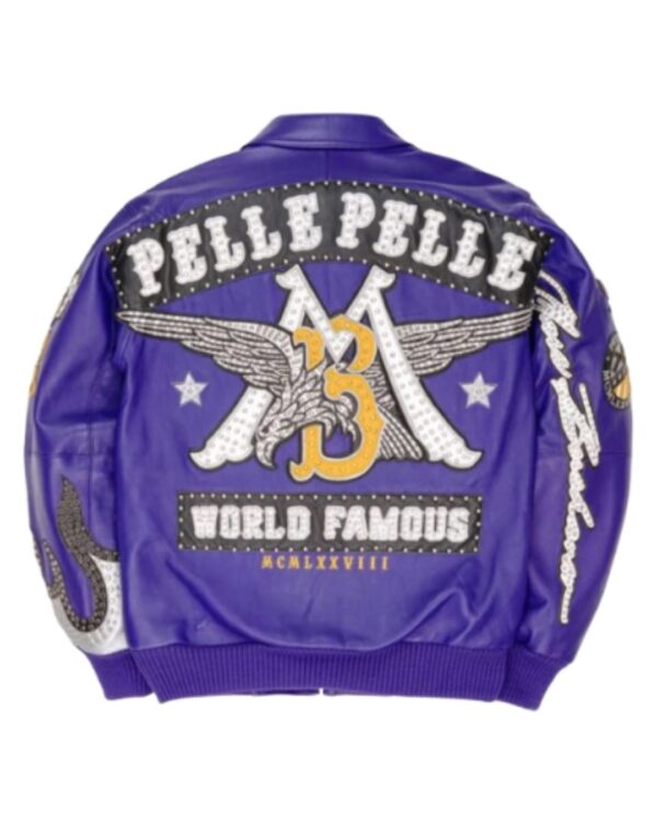 Men's Premium Royal Purple Leather Bomber Jacket – World Famous Winged Crest Streetwear Jacket with Heavy Studded Art and White Accents
