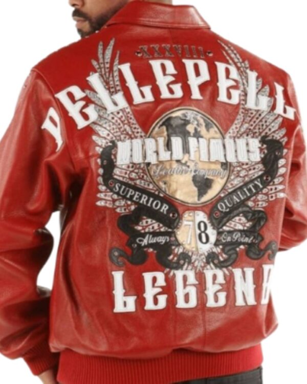 Men's Premium Brick Red Leather Bomber Jacket – World Famous Legend Streetwear Jacket with Heavy Studded Winged Globe Art