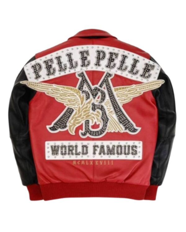 Men's Premium Multi-Color Leather Bomber Jacket – Red and Black Streetwear Jacket with Heavy Studded Winged Crest Art