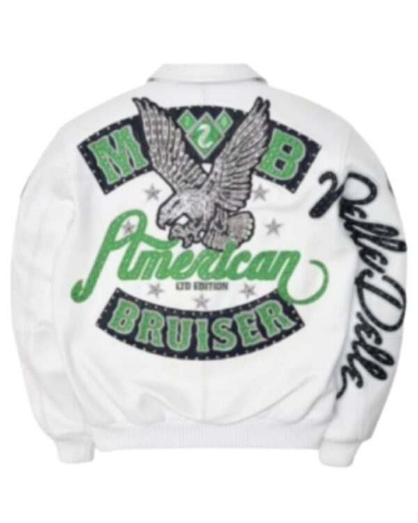 Men's Premium Frost White Leather Bomber Jacket – American Bruiser Limited Edition Streetwear Varsity Jacket with Heavily Studded Eagle Crest