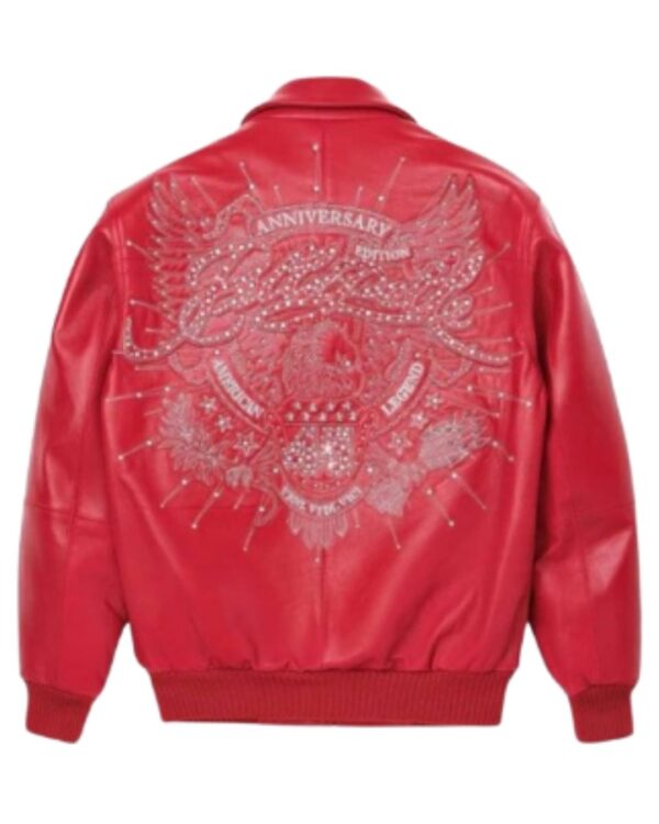 Men's Premium Cherry Red Leather Bomber Jacket – Limited Anniversary Edition Luxury Urban Streetwear Varsity Jacket with Heavily Studded Rhinestone Crest