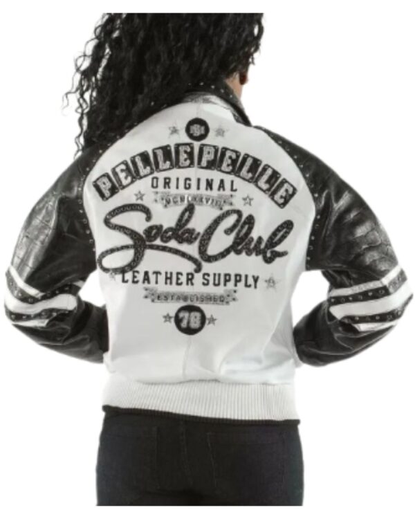 Women's Premium White and Black "Soda Club 78" Studded Leather Varsity Jacket