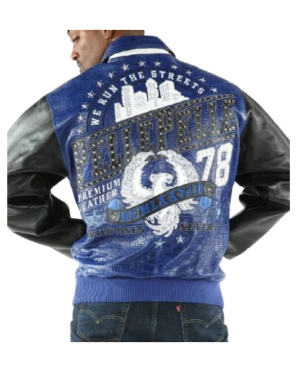 Men's Premium Royal Blue Croc-Textured Leather Bomber Jacket – "We Run The Streets" Vintage Streetwear Varsity Jacket with Heavily Studded Phoenix Art