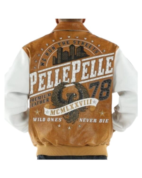 Men's Premium Tan and White "We Run The Streets" Studded Leather Varsity Jacket