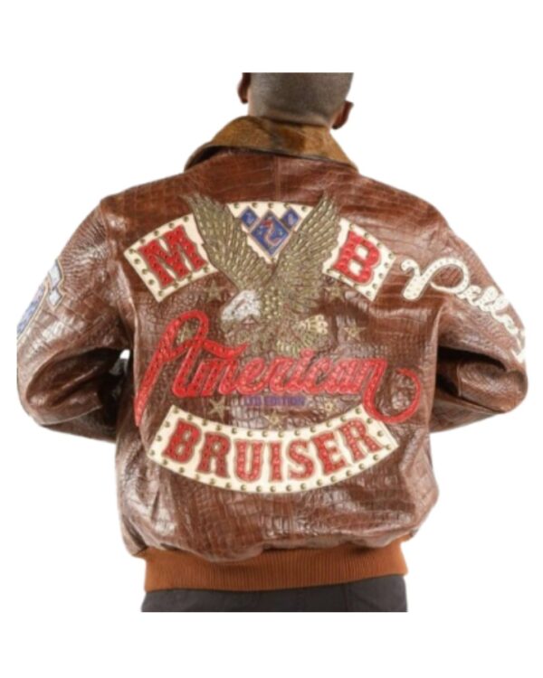 Men's Premium Brown "American Bruiser" Studded Crocodile Leather Bomber Jacket