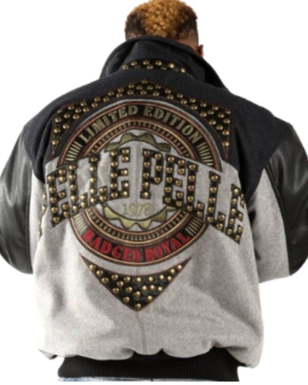 Men's Premium Grey and Black "Badged Royal" Studded Varsity Jacket
