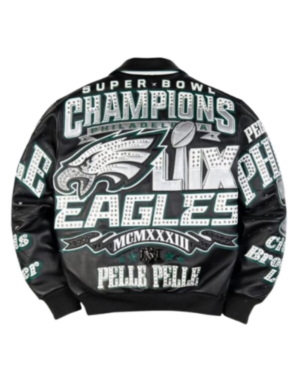 Vintage Pelle Pelle Eagles Super Bowl Champions Bomber Jacket - Black with Studded Silver & Green Details