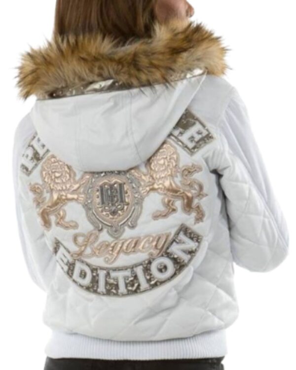 Vintage Pelle Pelle Fur Hood Bomber Jacket - White with Gold Crest Details