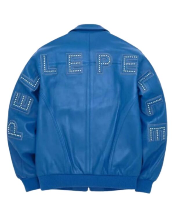 Men's Premium Royal Blue "Studded Block Letter" Leather Bomber Jacket