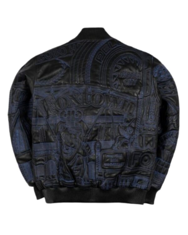 Men's Premium Black and Blue "Foxtown Motor City" Embossed Leather Bomber Jacket