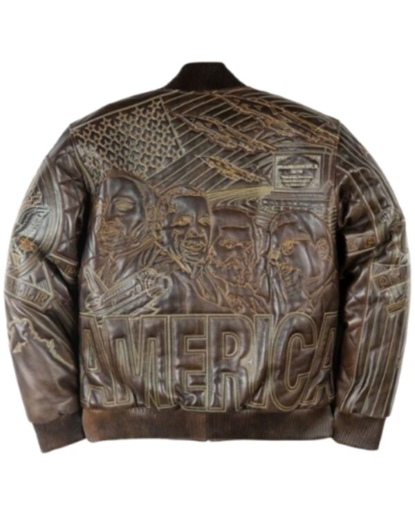 Men's Premium Brown "America Rushmore" Embossed Leather Bomber Jacket