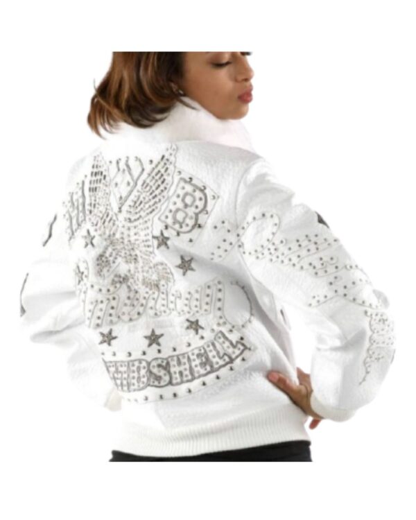 Women's Premium White "Bombshell" Studded Crocodile Leather Bomber Jacket with Fur