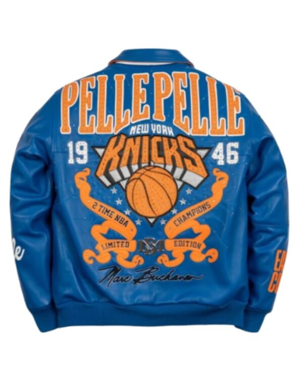Men's Premium Royal Blue "New York Knicks" Studded Leather Bomber Jacket