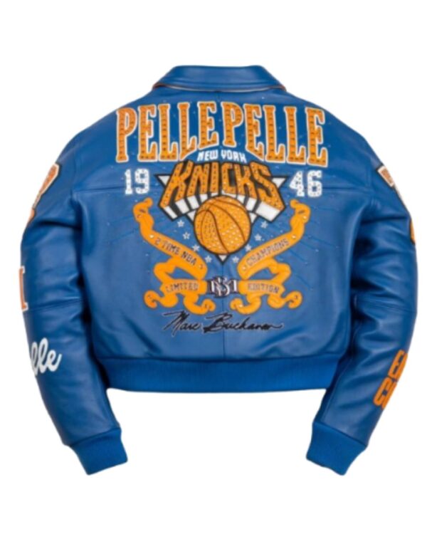 Women's Premium Royal Blue "New York Knicks" Studded Leather Bomber Jacket