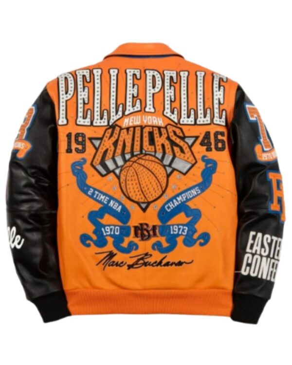 Men's Premium Orange and Black "New York Knicks" Studded Leather Bomber Jacket