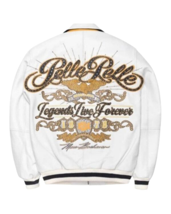 Men's Premium Frost White Leather Bomber Jacket – Legends Live Forever Luxury Streetwear Varsity Jacket with Studded Gold Crest Art