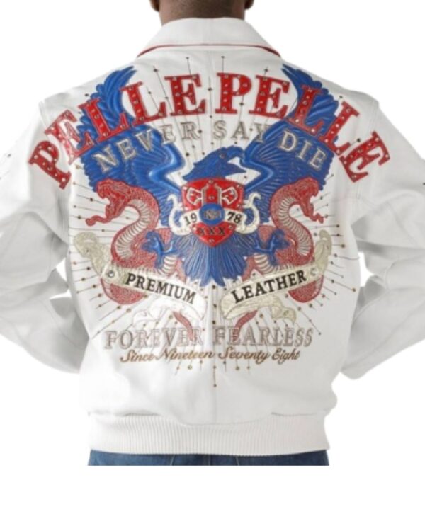 Vintage Pelle Pelle Never Say Die Bomber Jacket - White with Red & Blue Details