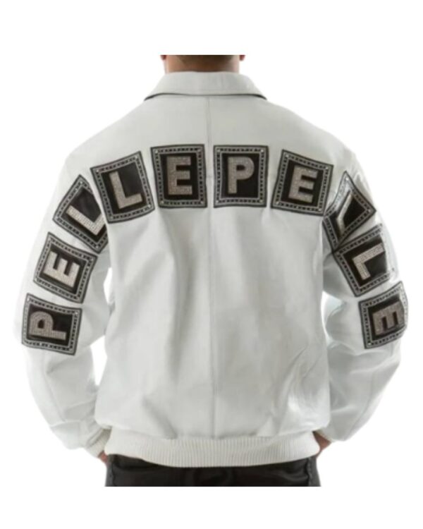 Men's Premium White Block Letter Studded Leather Bomber Jacket