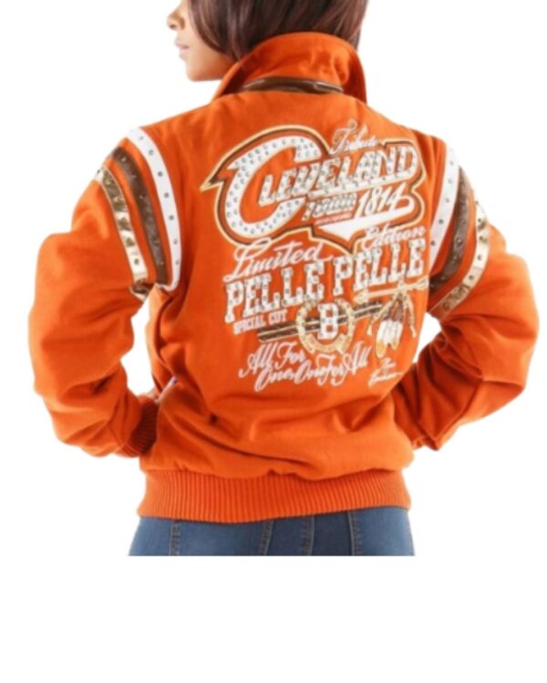 Women's Premium Orange "Cleveland Limited Edition" Studded Bomber Wool Jacket