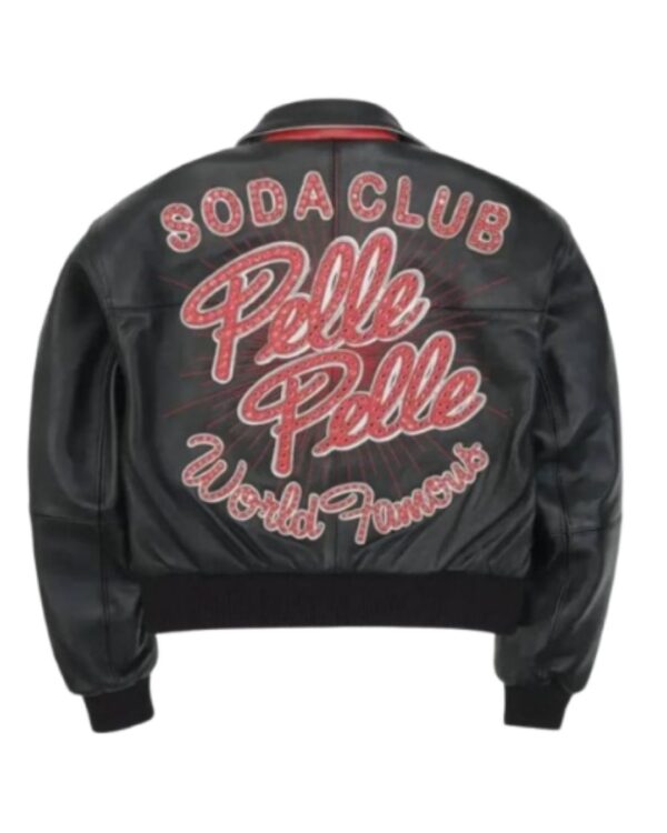 Women's Premium Black "Soda Club World Famous" Studded Leather Bomber Jacket