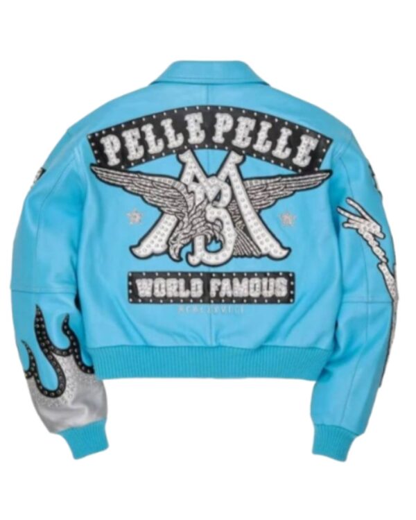 Women's Premium Sky Blue "World Famous" Studded Leather Bomber Jacket