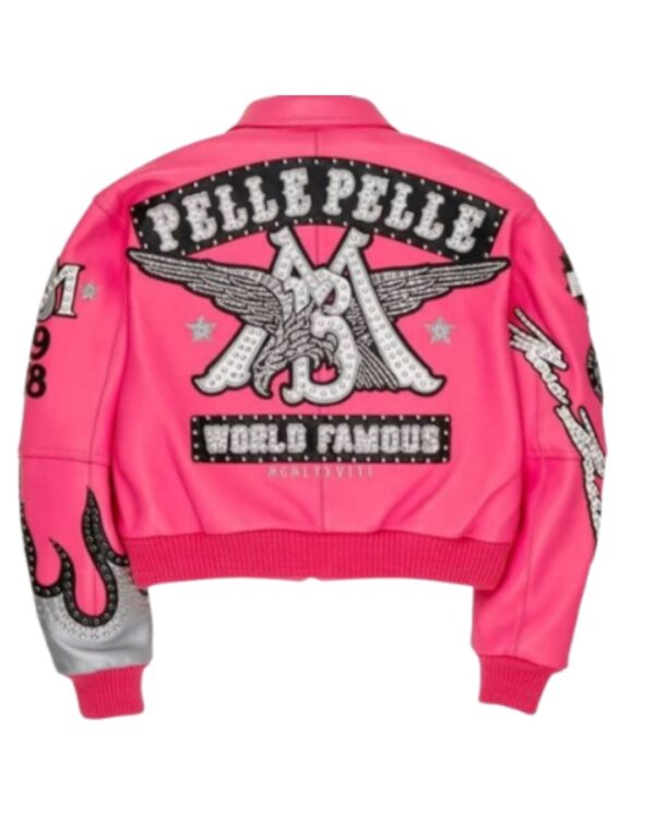 Women's Premium Pink "World Famous" Studded Leather Bomber Jacket