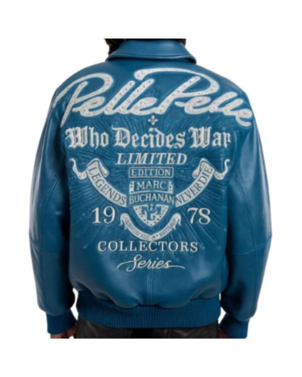 Men's Premium Teal Blue "Who Decides War" Studded Leather Bomber Jacket