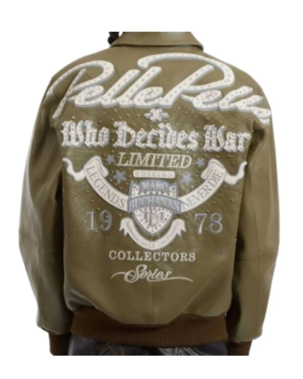 Men's Premium Olive Green "Who Decides War" Studded Leather Bomber Jacket