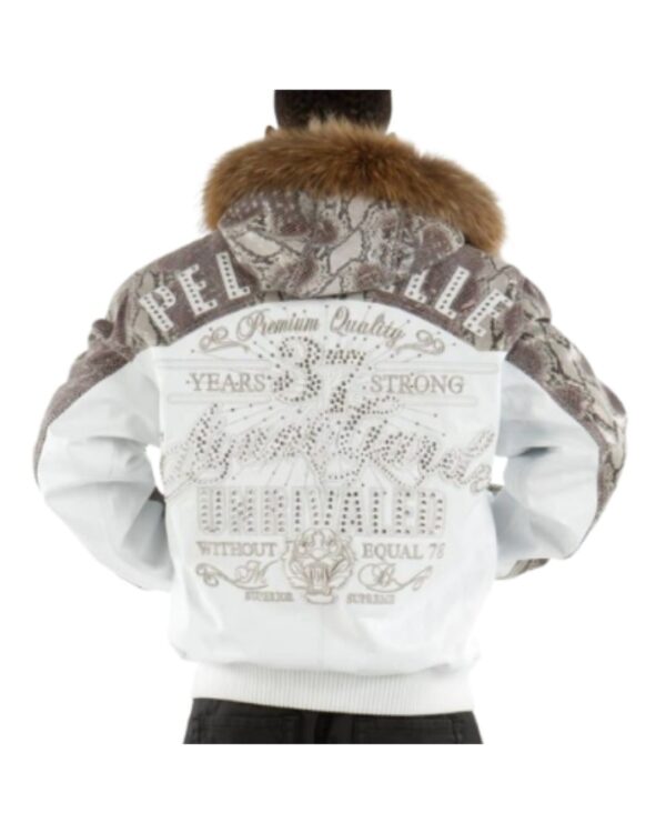 Men's Premium White "37 Years Strong" Studded Snakeskin Leather hoodie Bomber Jacket