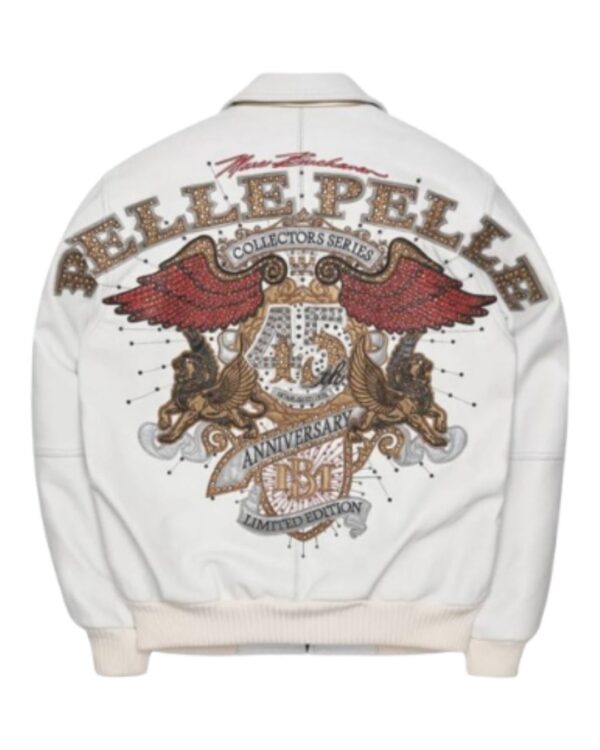 Men's Premium White "45th Anniversary" Studded Leather Bomber Jacket