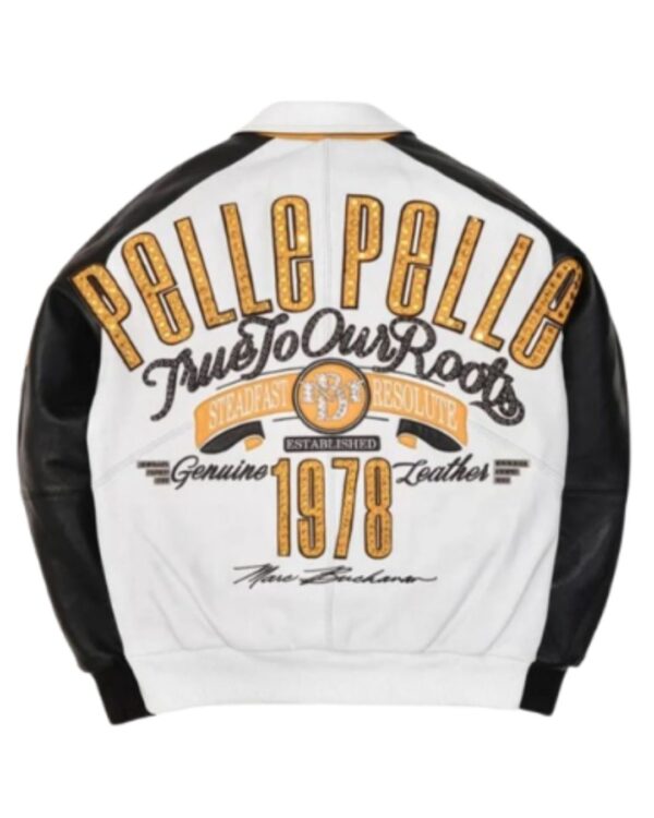 Men's Premium White and Black "True To Our Roots" Studded Leather Bomber Jacket