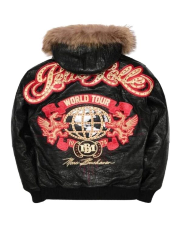 Men's Premium Black Textured Leather Bomber Jacket – World Tour Streetwear Winter Jacket with Studded Globe Art and Faux Fur Trim Hood