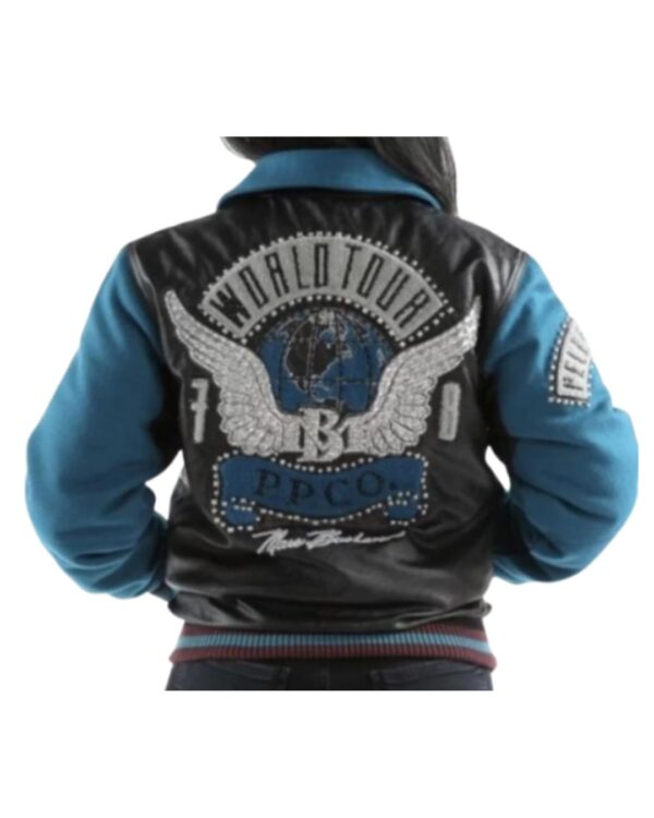 Men's Leather World Tour Bomber Jacket – Black & Teal Blue Varsity Jacket