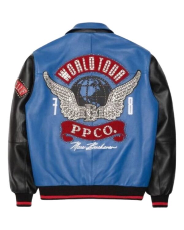 Men's Premium Royal Blue and Black Varsity Leather Jacket – World Tour Streetwear Bomber Jacket with Heavily Studded Winged Globe Art